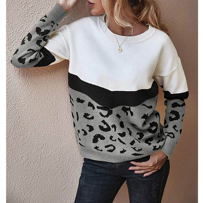 Beakey Women¡¯s Casual Knitted Sweater Leopard Print Color Block Loose Pullover-Gray-K208002