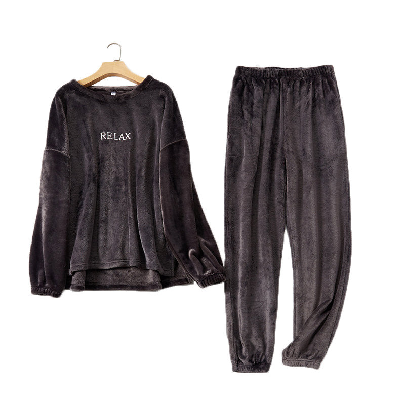 Beakey Crew Neck Flannel Pajamas Set for Women-Dark Grey