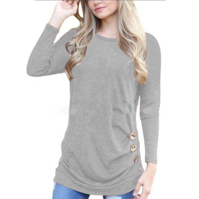 Beakey Women's Casual Long Sleeve Round Neck Loose T Shirt Blouse Tops-Light Gray-88041