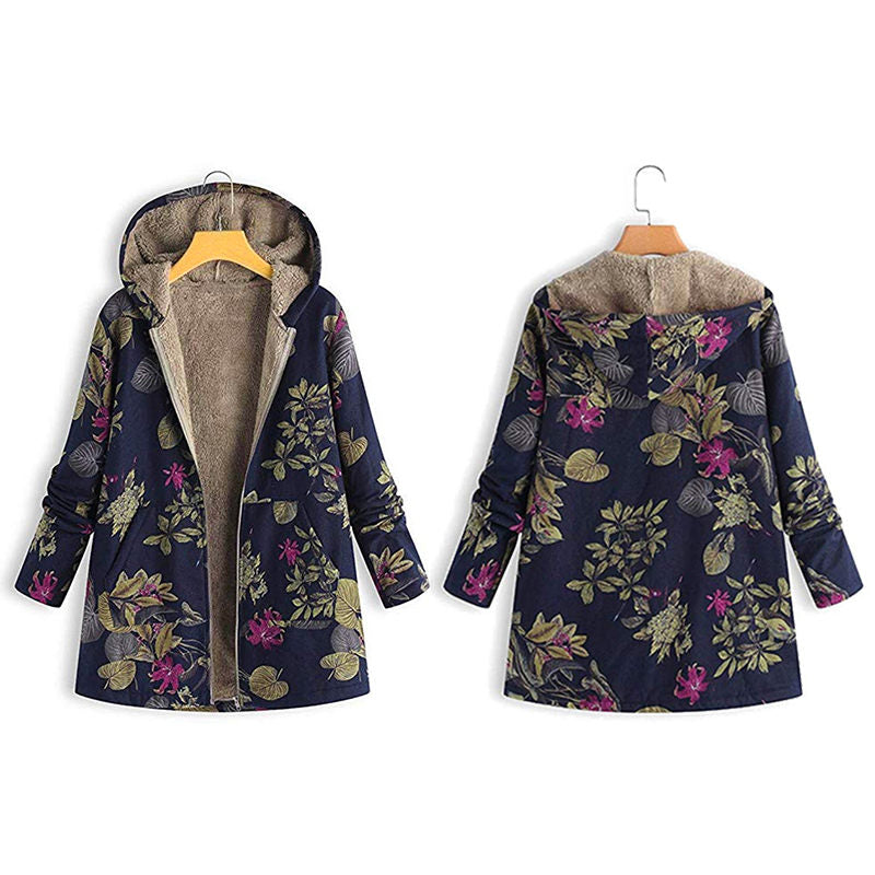 Beakey Womens Bohemian Floral Print Jacket Plush Hooded Warm Coat-B