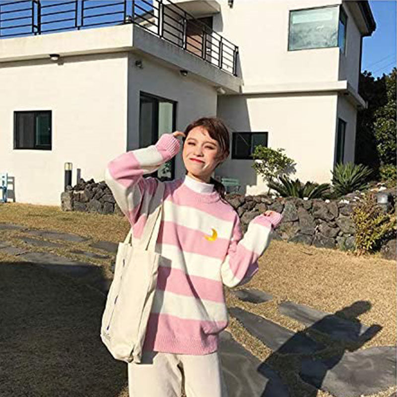 Beakey Womens Kawaii College Style Sweater Contrast Striped Moon Pullover-Pink