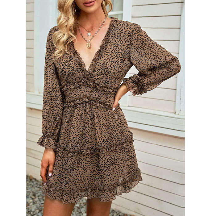 Beakey Womens Spring Summer Deep V Neck Ruffle Long Sleeve Mini Dress-Leopard-LC220829-1