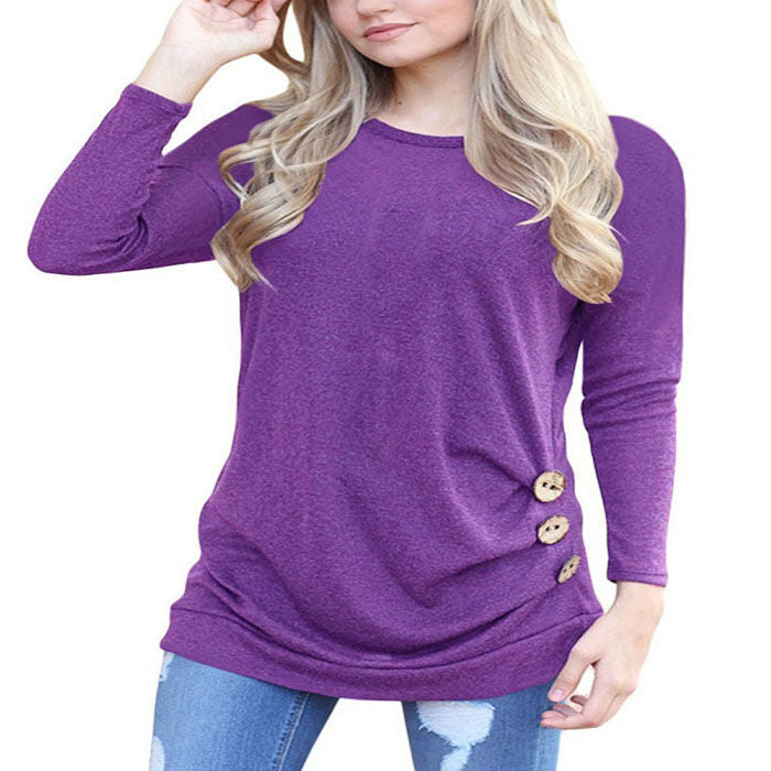 Beakey Women's Casual Long Sleeve Round Neck Loose T Shirt Blouse Tops-Purple-88041