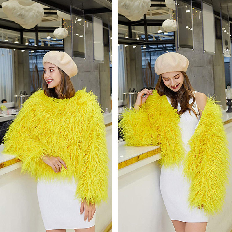Beakey Womens Shaggy Faux Fur Outwear Short Thermal Coat-Yellow