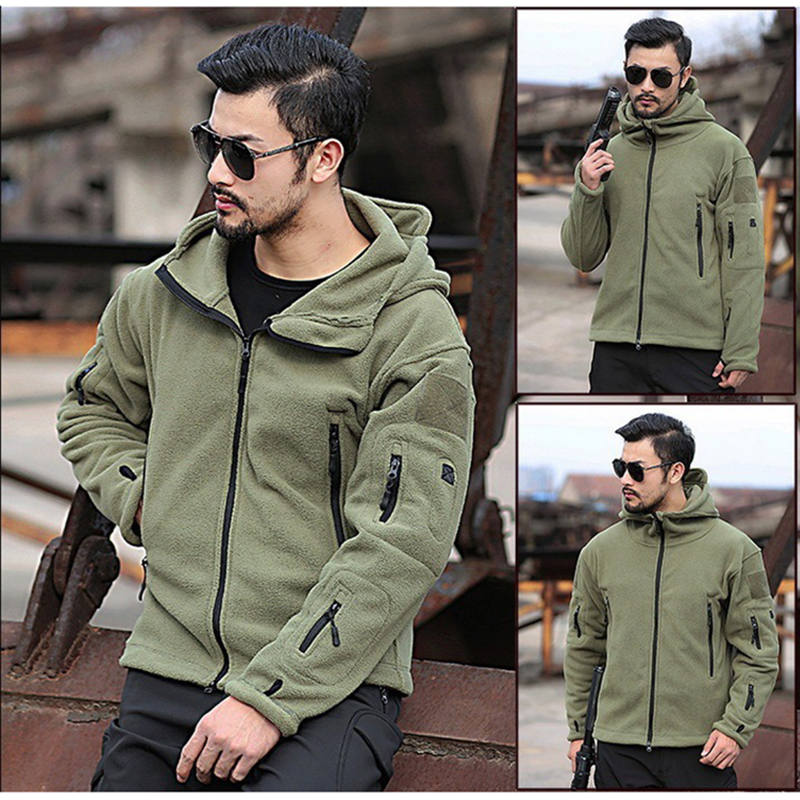 Beakey Military Tactical Jacket for Men Fleece Hooded Coat with Zipper-Army Green