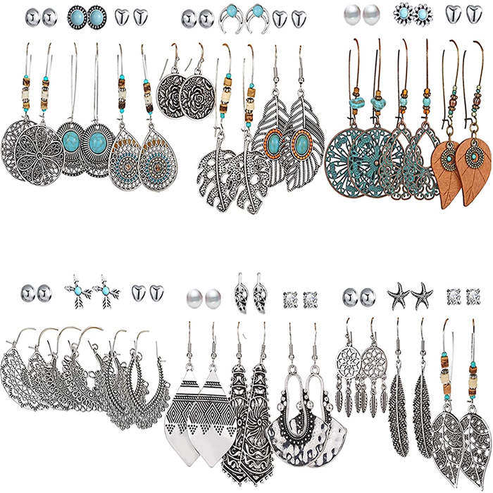 Beakey 36 Pairs Fashion Hollow Drop Dangle Earrings Set Bohemian National Style Eardrop With Bronze-Silver Series