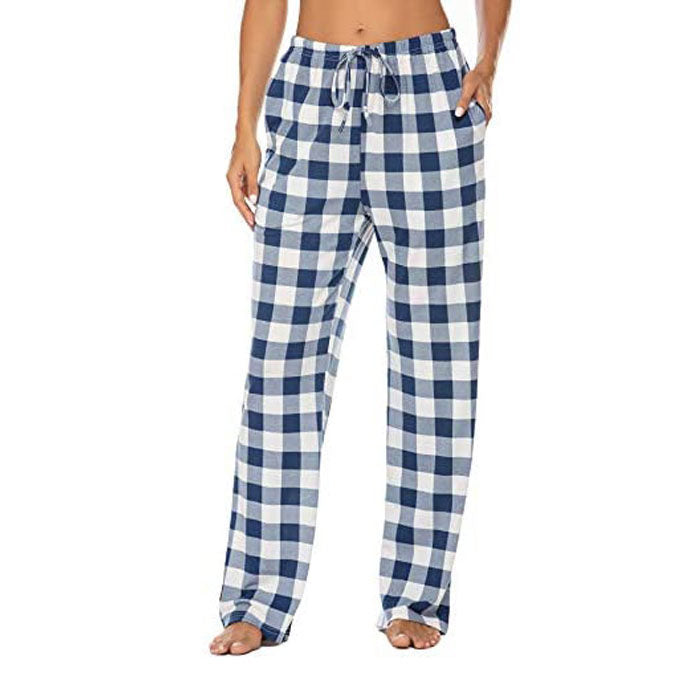 Beakey Women Lounge Pants Comfy Pajama Bottom Stretch Plaid Drawstring Bottoms Pants-Blue-SP127