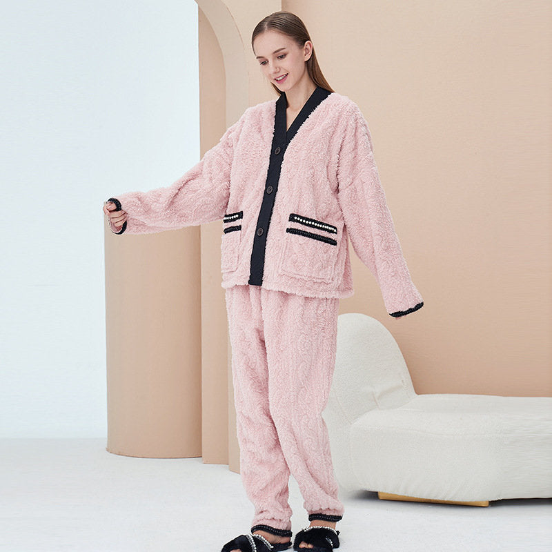 Beakey Women's Fleece Fashion Cardigan Pajama Set-Pink