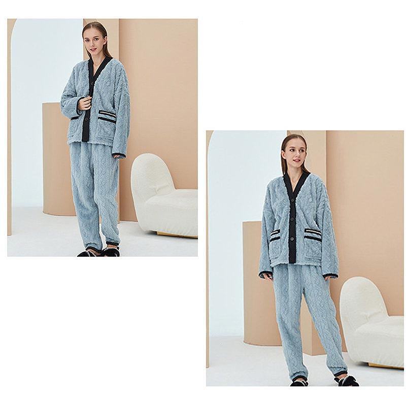Beakey Women's Fleece Fashion Cardigan Pajama Set-Haze Blue