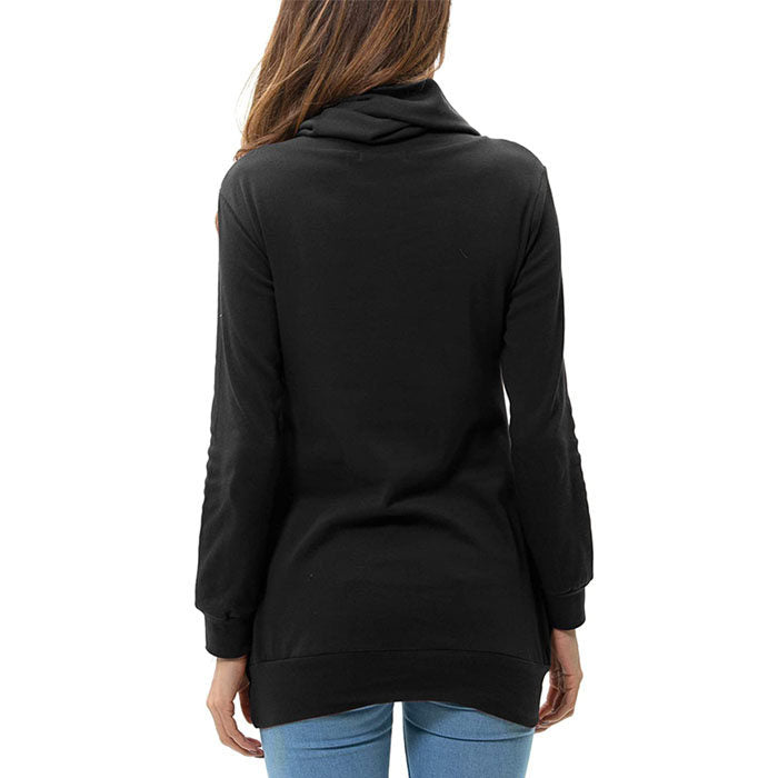 Beakey Womens Long Sleeve Buttons High Neck Casual Sweatshirts Tunic Tops With Pockets-Black-T4554
