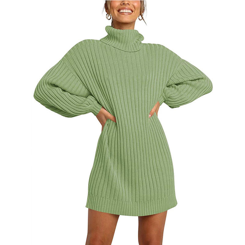Beakey Womens Turtleneck Loose Sweater Dress Soft Winter Pullover Dress-Green