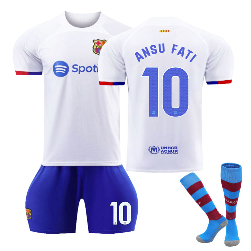 Beakey Barca Away Jersey ANSU FATI #10 Soccer Jersey Kids Adult 3-Pieces Jersey Kits