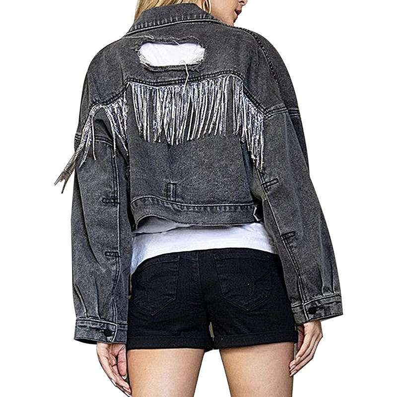 Beakey Womens Denim Jacket with Fringe Rhinestones Crop Casual Coat-Black