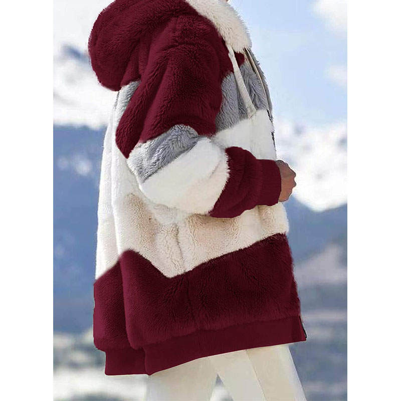 Beakey Womens Warm Plush Hooded Cardigan Full Zip Colorblock Jacket-Wine Red