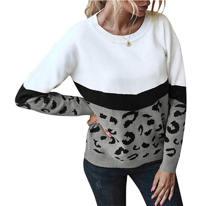 Beakey Women¡¯s Casual Knitted Sweater Leopard Print Color Block Loose Pullover-Gray-K208002