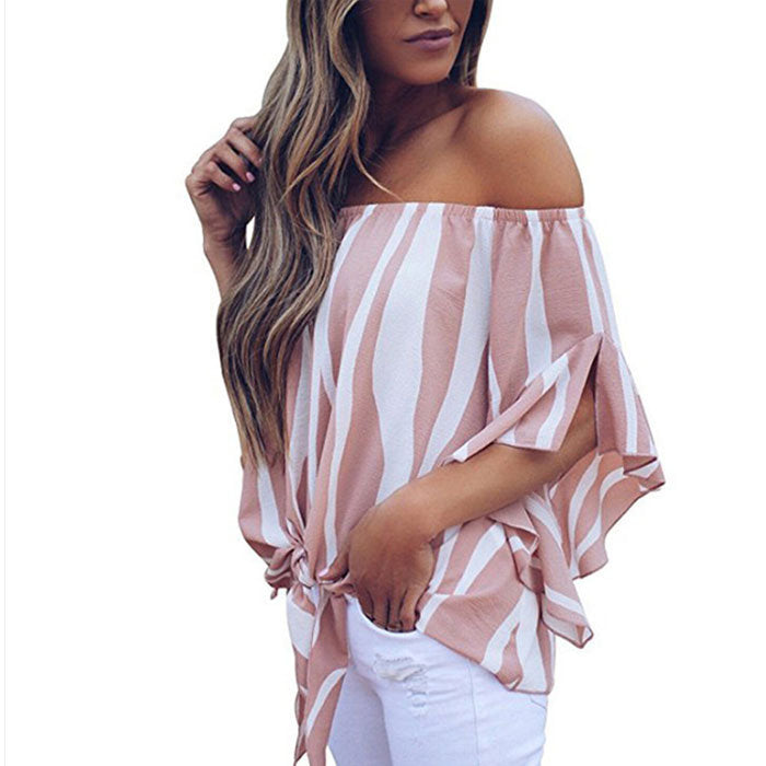 Beakey Women's Striped Printed Off Shoulder Bell Sleeve Shirt Tie Knot Casual Blouses Tops-Pink-8802