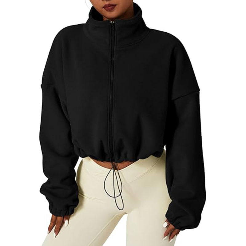 Beakey Womens Fleece Crop Jacket Full Zip Stand Collar Winter Coat-Black