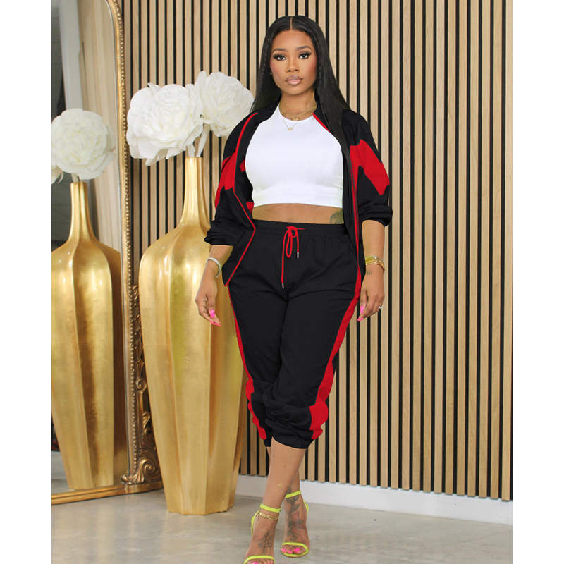Beakey Womens Windbreaker Jacket Pants Colorblock Patchwork Tracksuit-Black