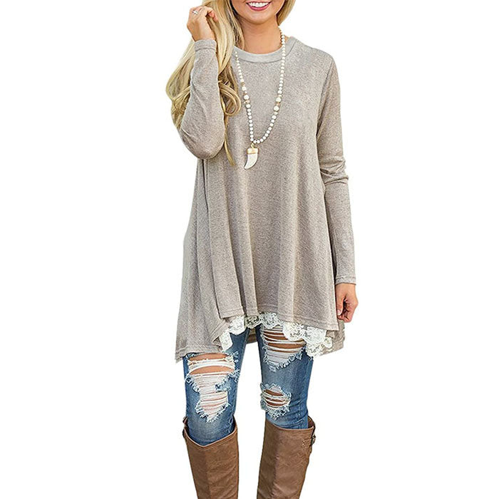 Beakey Women's Crew Neck Long Sleeve Lace Splicing Shirt Long Tunic Blouses-Khaki-1228
