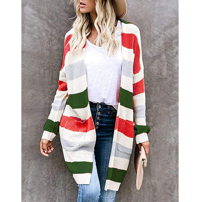 Beakey Women¡¯s Open Front Long Cardigan Strip Color Block Knit Fall Outwear Sweater-Red-AL6014