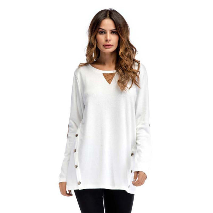 Beakey Women's Long Sleeve Double-breasted Buttons Casual Blouse Tunic Shirt Tops-White-1025