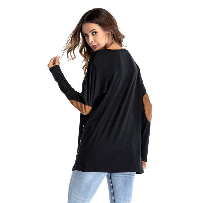 Beakey Women's Long Sleeve Double-breasted Buttons Casual Blouse Tunic Shirt Tops-Black-1025