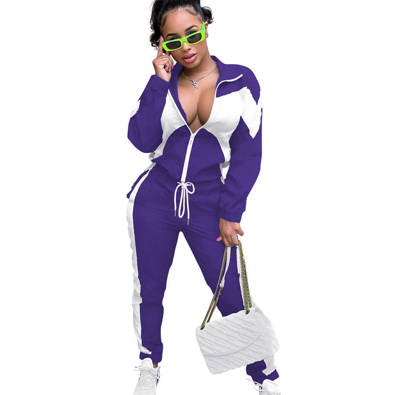 Beakey Womens Windbreaker Jacket Pants Colorblock Patchwork Tracksuit-Purple