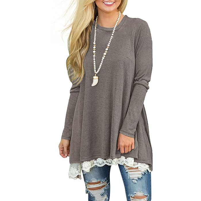 Beakey Women's Crew Neck Long Sleeve Lace Splicing Shirt Long Tunic Blouses-Gray-1228