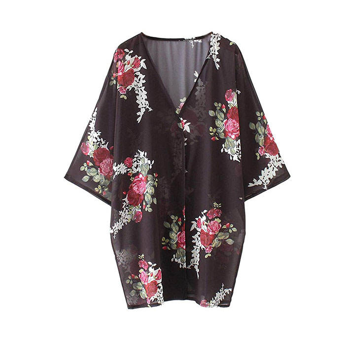 Beakey Women's Summer Floral Print Kimonos Loose Half Sleeve Chiffon Cardigan Blouses Casual Cover Up - Black Flower
