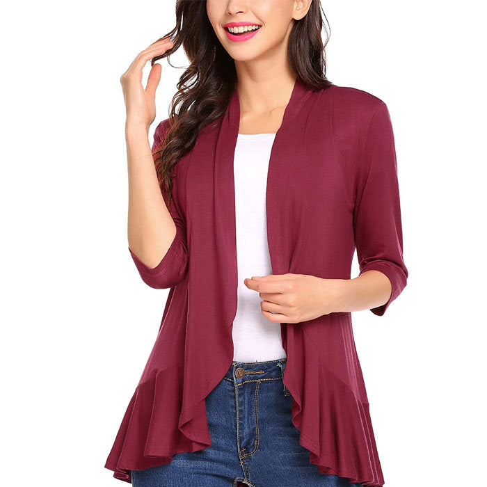 Beakey Women's Open Front Cardigan 3/4 Sleeve Draped Ruffles Soft Knit Sweaters-Wine Red-8012