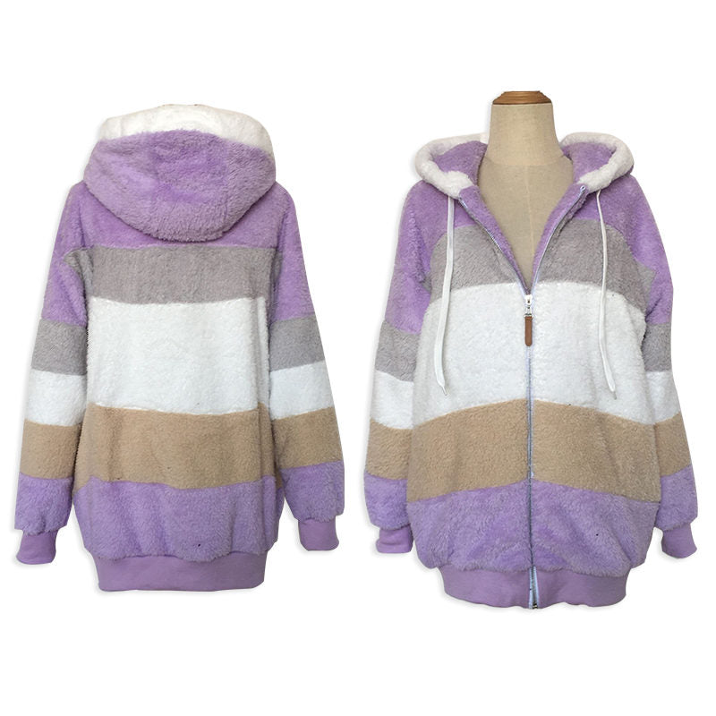 Beakey Womens Warm Plush Hooded Cardigan Full Zip Colorblock Jacket-Purple