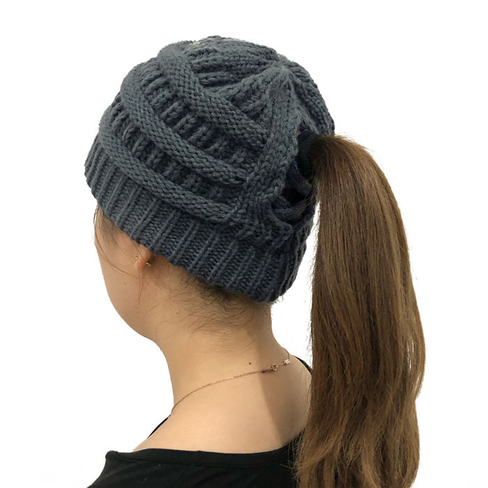 Beakey Soft Stretch Cable Knit Hat Ponytail Beanie Winter Hat For Women-Dark Gray