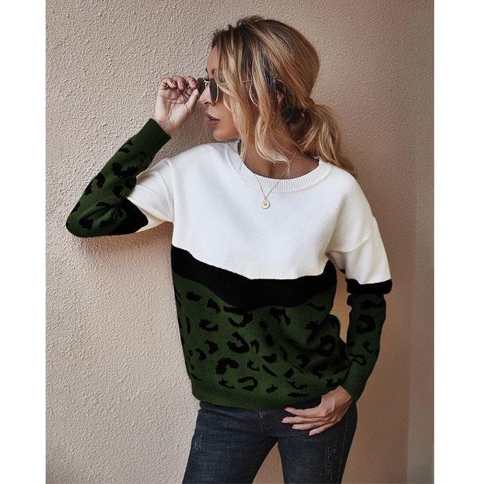 Beakey Women¡¯s Casual Knitted Sweater Leopard Print Color Block Loose Pullover-Army Green-K208002