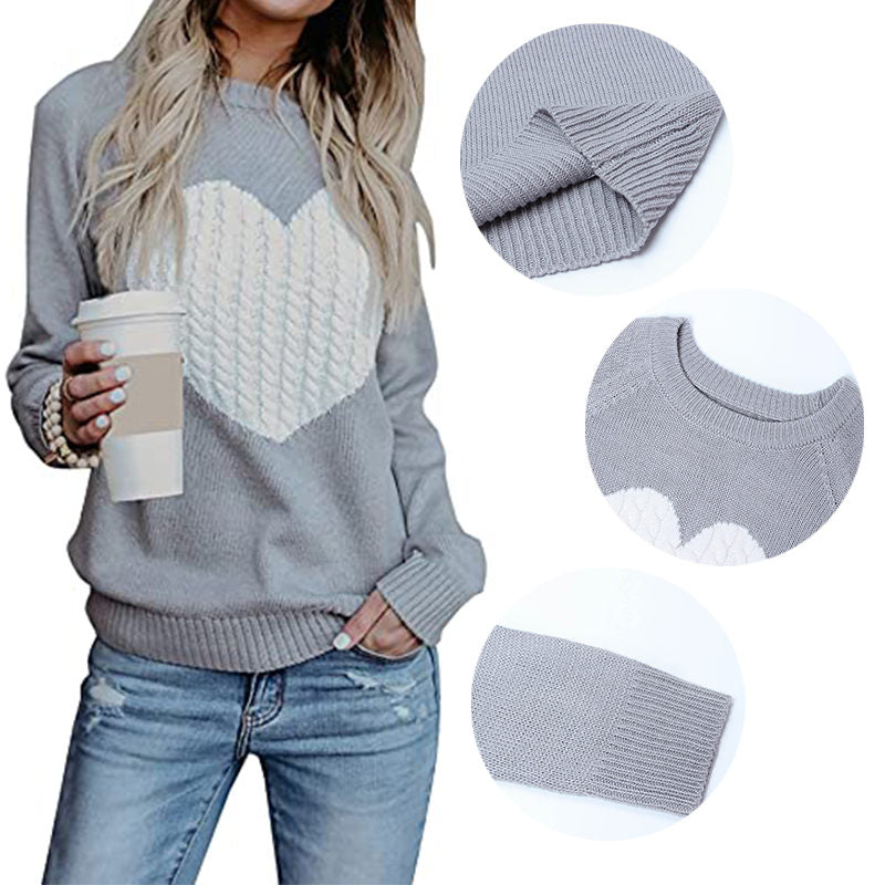 Beakey Women's Long Sleeve Pullover Sweater CrewNeck Cute Heart Knit Sweater-Grey