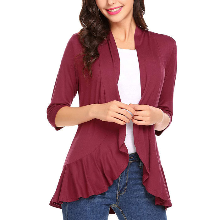 Beakey Women's Open Front Cardigan 3/4 Sleeve Draped Ruffles Soft Knit Sweaters-Wine Red-8012