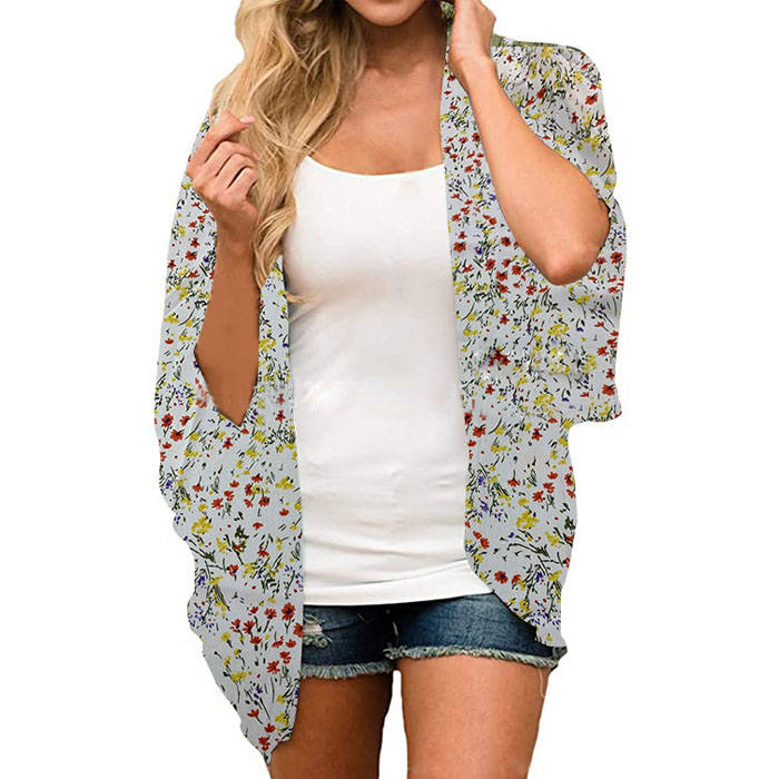 Beakey Women's Summer Floral Print Kimonos Loose Half Sleeve Chiffon Cardigan Blouses Casual Cover Up - White Emerald Flower