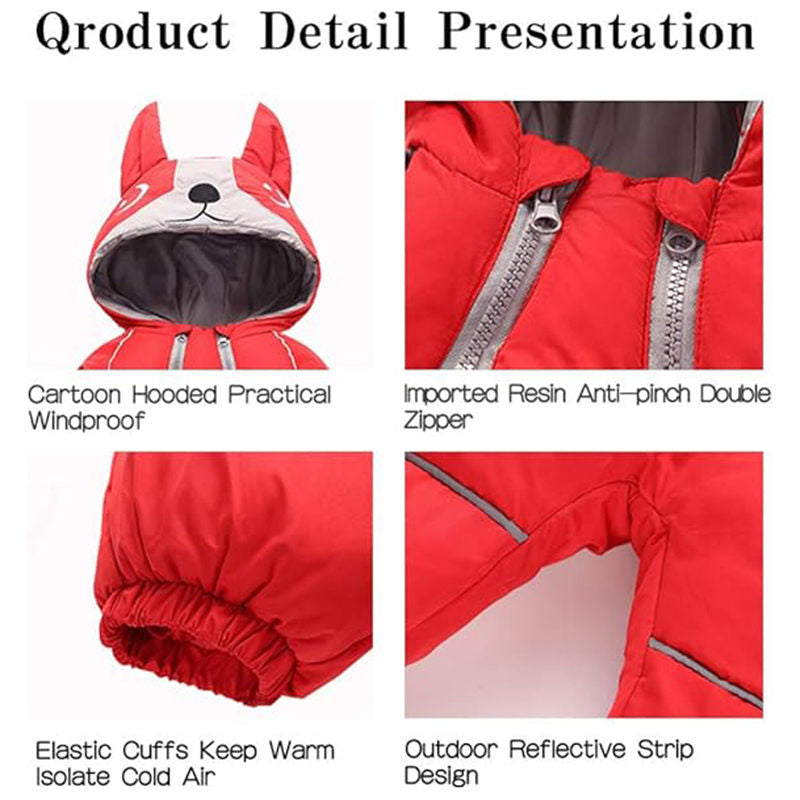 Beakey Cute Dog Snowsuit for Baby Winter Double Zipper Hooded Jumpsuit-Wine Red