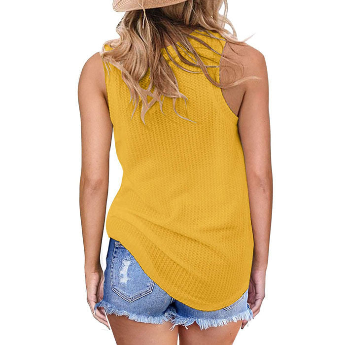 Beakey Womens Waffle Knit Vest Casual Blouse Sleeveless Twist Knot Tank Tops-Yellow-YT8829