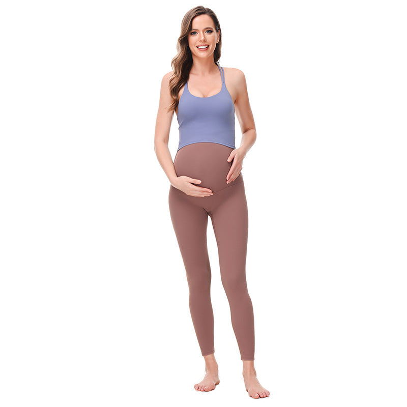 Beakey Maternity Leggings Over The Belly Stretch Breathable Yoga Tights-Brown