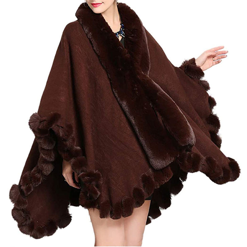 Beakey Womens Faux Fox Fur Trim Cardigan Shawl Oversized Cape-Brown