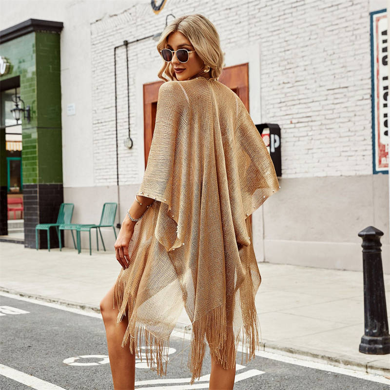 Beakey Womens Tassel Long Kimono Cardigans Beach Swimsuit Bikini Cover Up-Golden