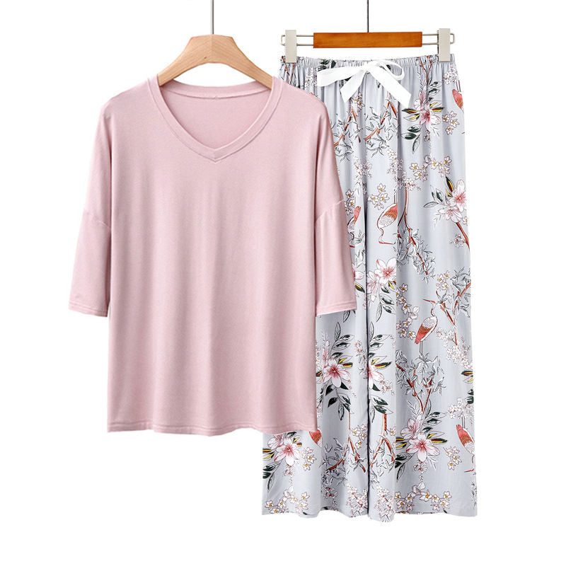Beakey Womens Pajama Set Print Sleepwear Soft V-Neck Short Sleeve Top With Pants-5