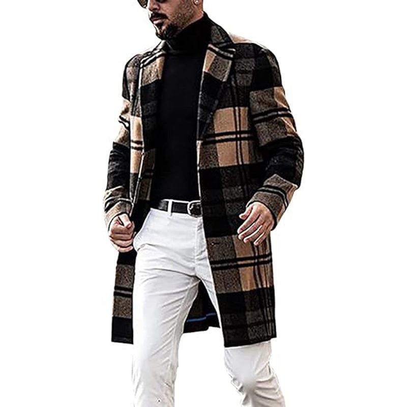 Beakey Single Breasted Coat for Men Plaid Notched Collar Mid Long Overcoat