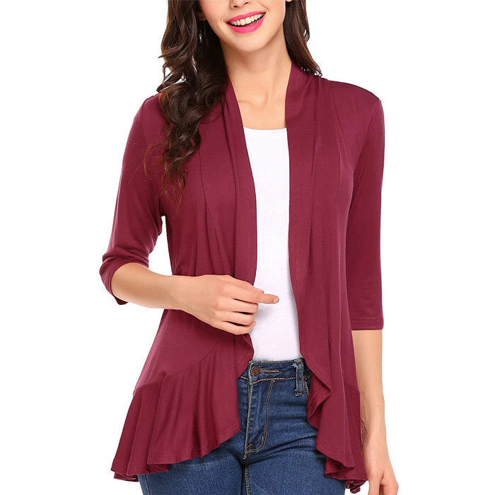 Beakey Women's Open Front Cardigan 3/4 Sleeve Draped Ruffles Soft Knit Sweaters-Wine Red-8012