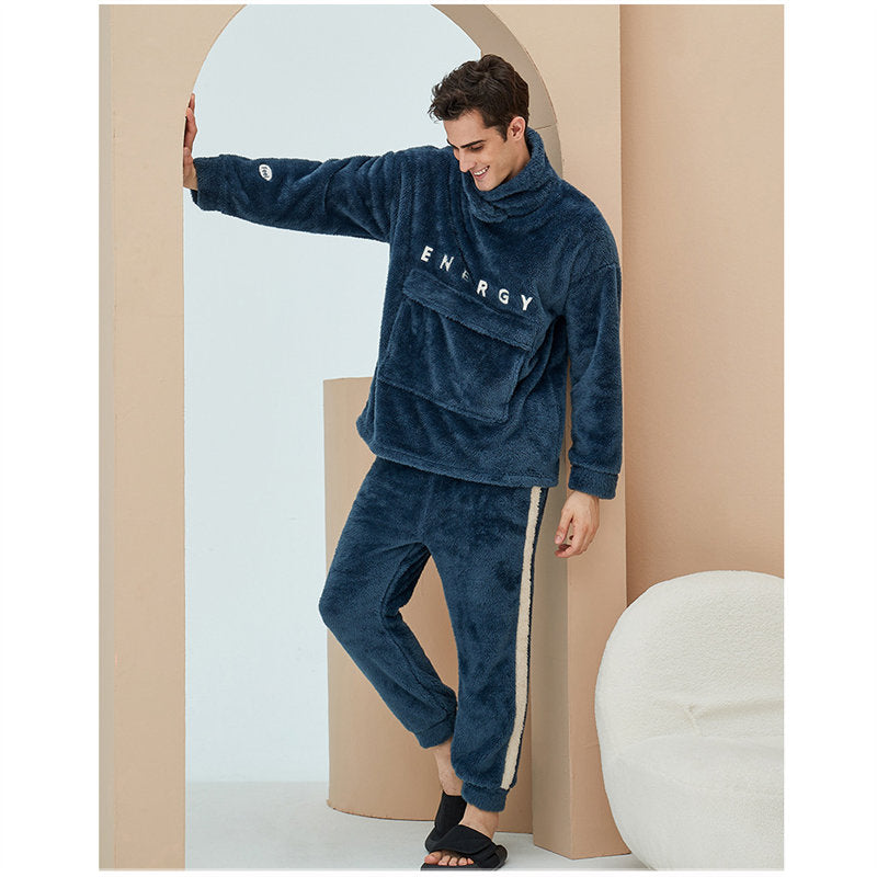 Beakey Thickening Coral Fleece Pajamas Set for Women-NavyBlue