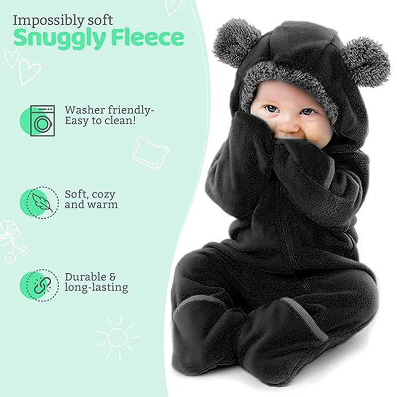 Beakey Baby Fleece Bodysuit Zipper Closure with Hood & Mittens for Winter-Black