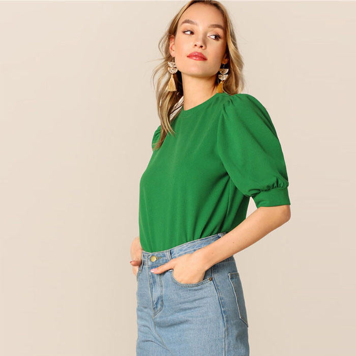 Beakey Women's Unique Puff Sleeve Casual Solid Top Pullover Keyhole Back Blouse-Green-8821