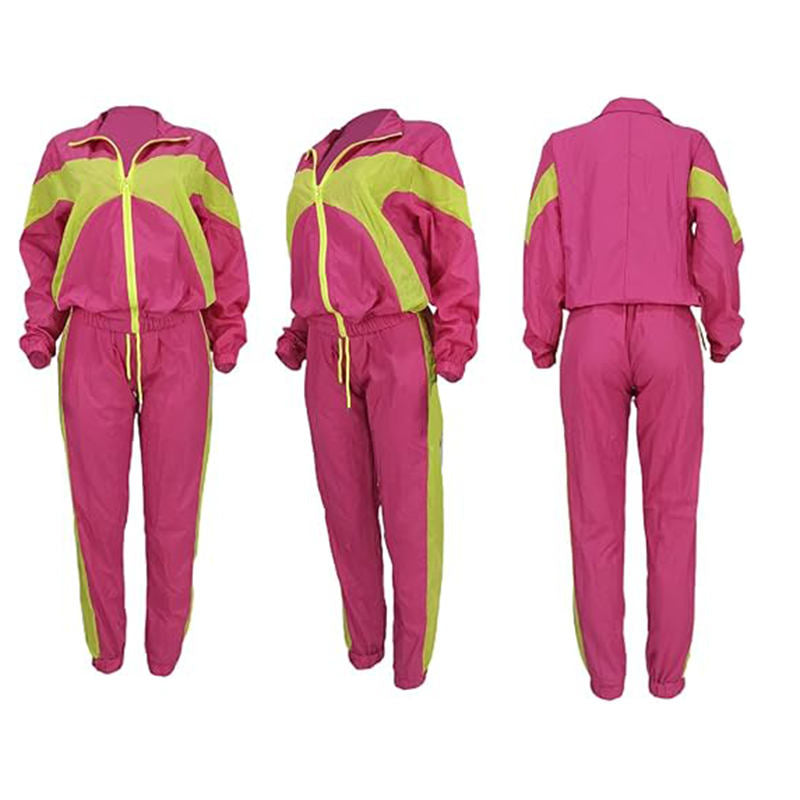 Beakey Womens Windbreaker Jacket Pants Colorblock Patchwork Tracksuit-Rose Red