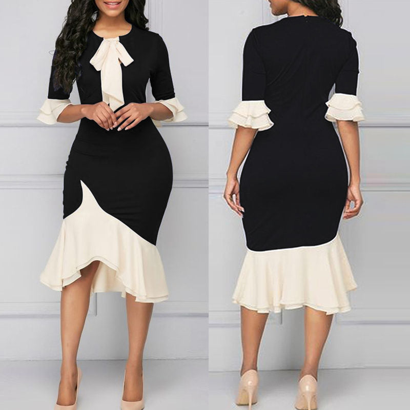 Beakey Women Bodycon Dress Ruffle Half Sleeve Bow Tie Party Dress-Black