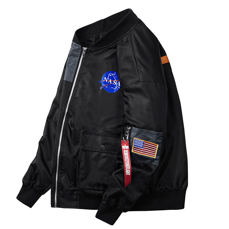 Beakey Mens Biker Flight Jacket Big Pocket Letter Print Windbreaker-Black